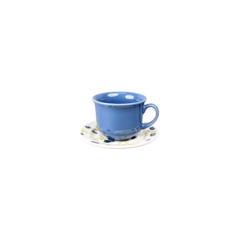 Set Taza Y Plato De Cerámica Decorada Flores Azules 200 Ml